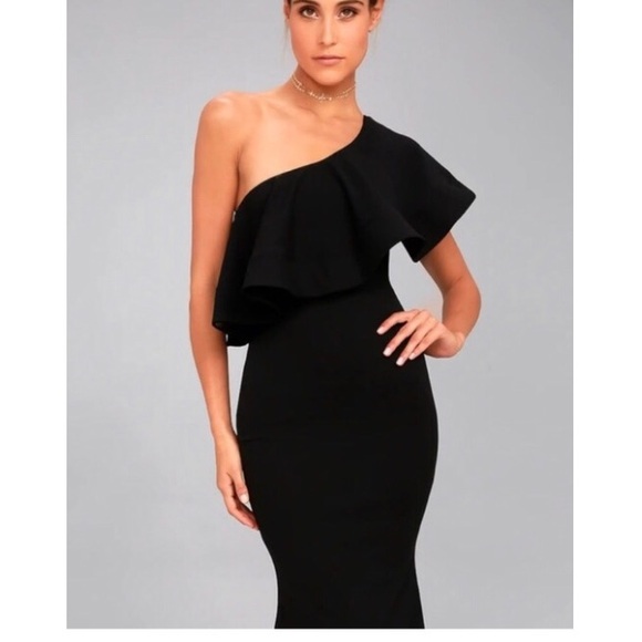 LULUS • So Amazed One Shouldered Black Formal Maxi Gown Ruffle Trim - Picture 5 of 7